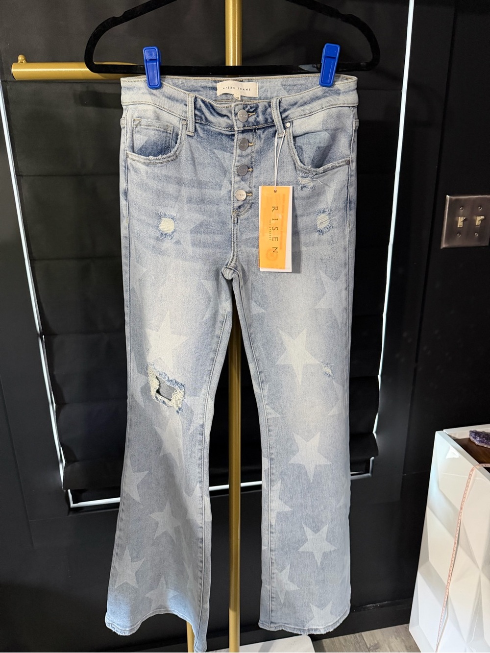 Risen Women's Light Blue Star-Print Flare Jeans